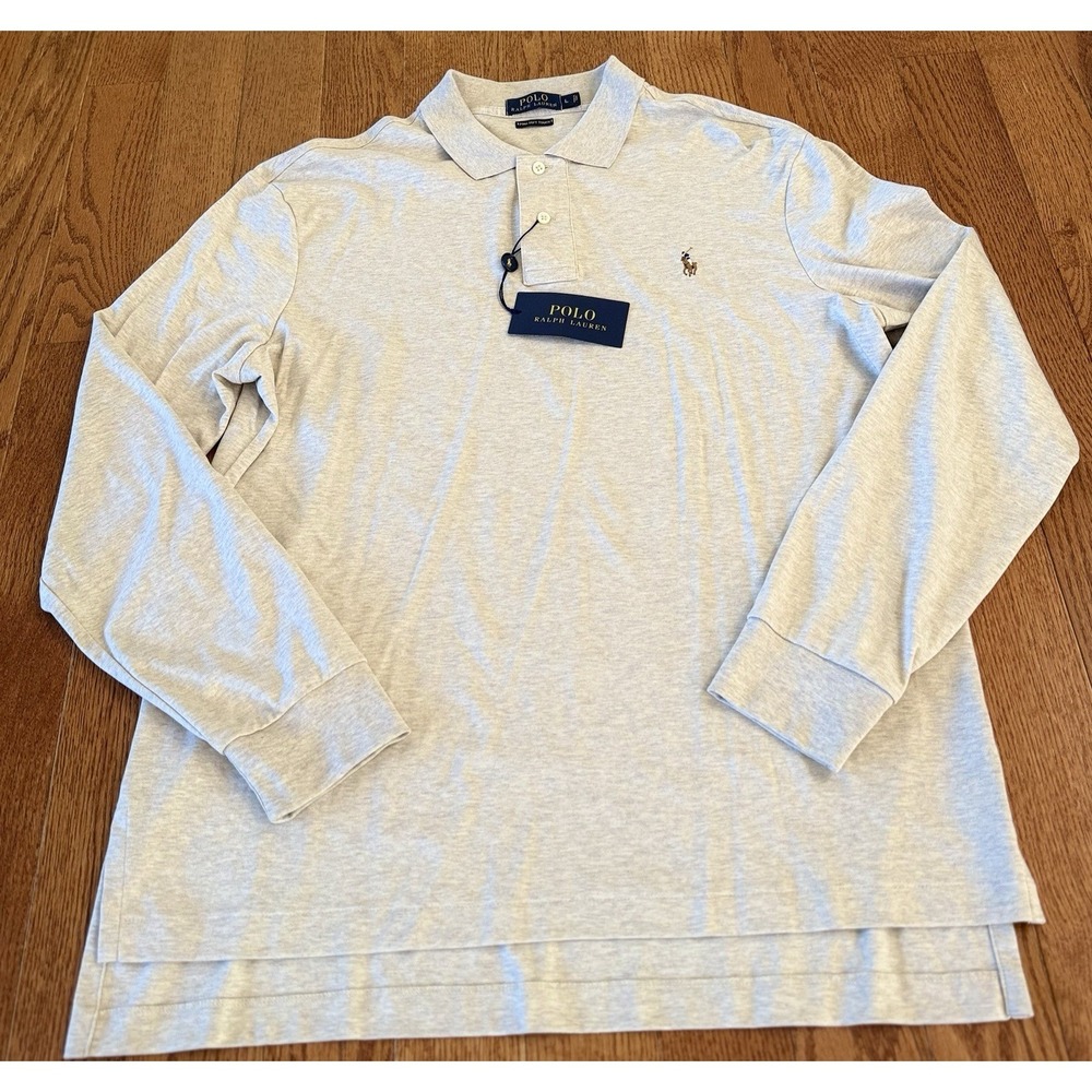 NWT Ralph Lauren Mens L Pima Soft Touch Polo Shirt Almond Heather Long Sleeve - Picture 2 of 7